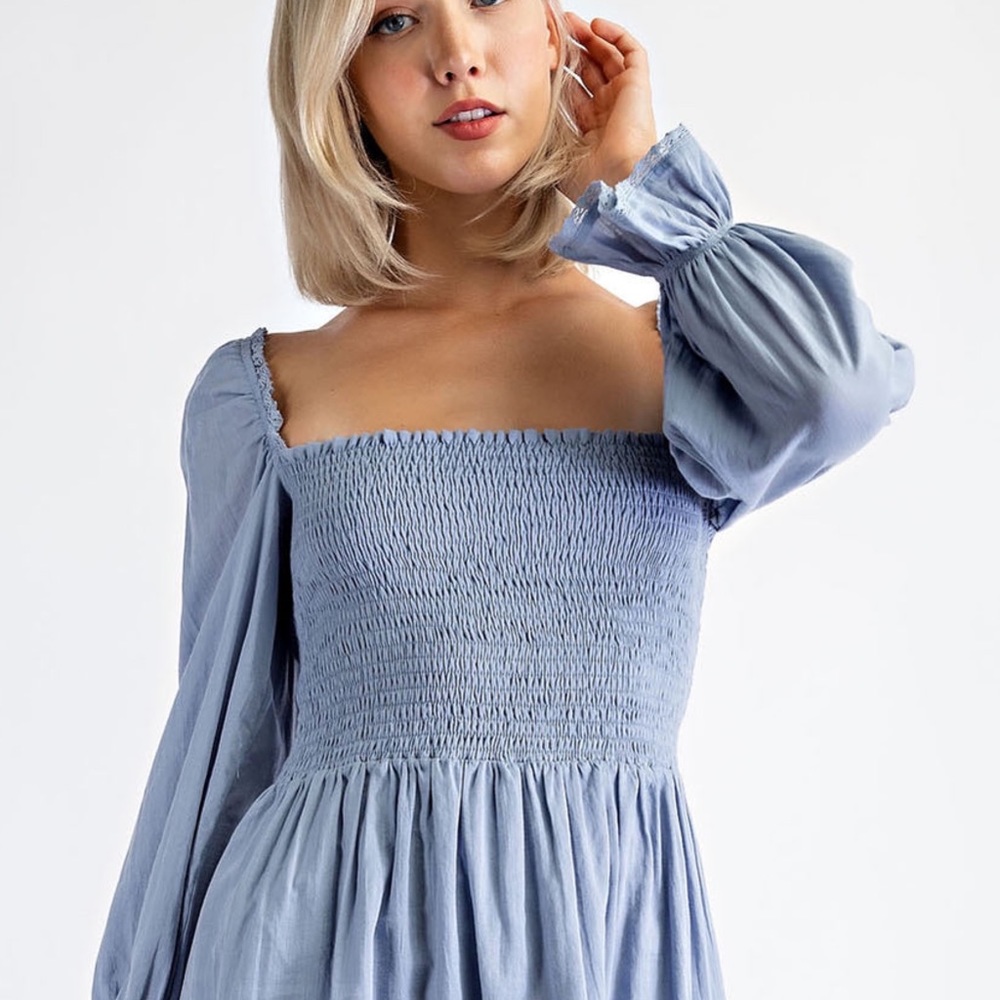 Edit By Nine Adorable Dusty Blue Smocked Bodice Long Puff Sleeves Dress - Picture 4 of 10